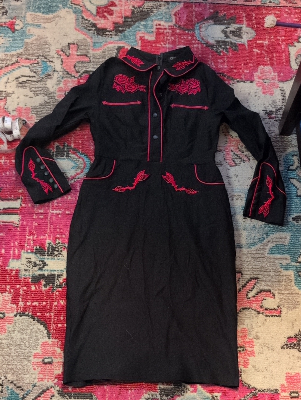 Katakomb June western pencil dress in Black with Red Emb XXL 2X Rockabilly Goth